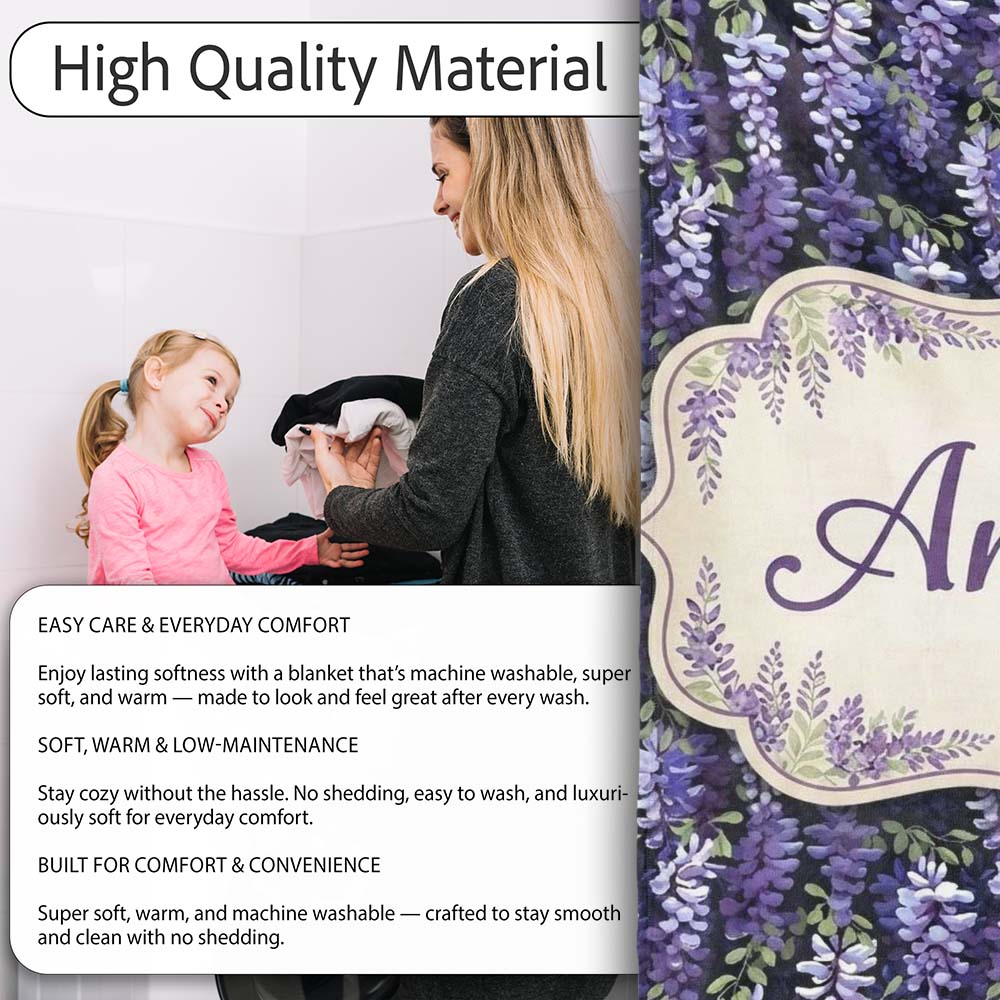 Dark Purple Wisteria Hanging Blossoms on Night Background Seamless Personalised Custom Name Super Soft Fleece Blanket Bed Sofa Throw