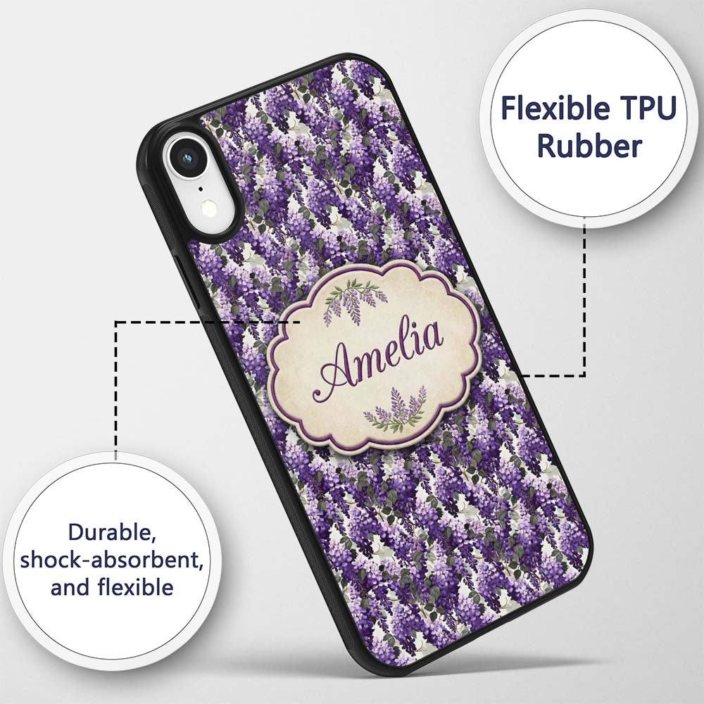 Elegant Purple Wisteria Clusters with Soft Leaves Custom Name Protective Phone Case Mobile Cover Durable Everyday Smartphone Shock Resistant
