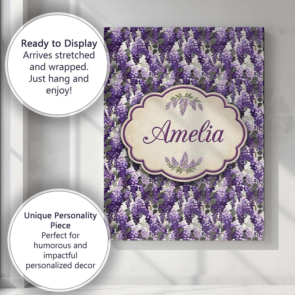 Personalised Name Elegant Purple Wisteria Custom Bespoke Decorative Contemporary Canvas Wall Art Print Decor Picture Ready to Hang