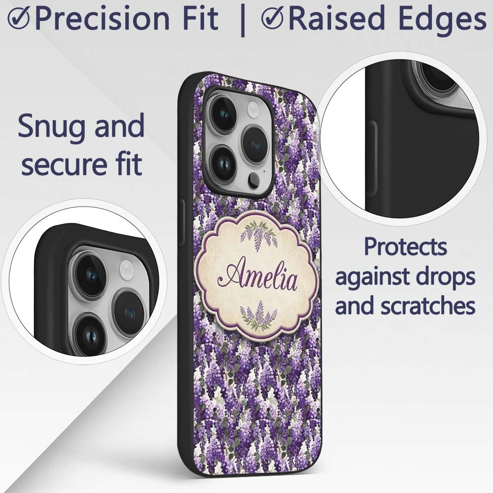 Elegant Purple Wisteria Clusters with Soft Leaves Custom Name Protective Phone Case Mobile Cover Durable Everyday Smartphone Shock Resistant