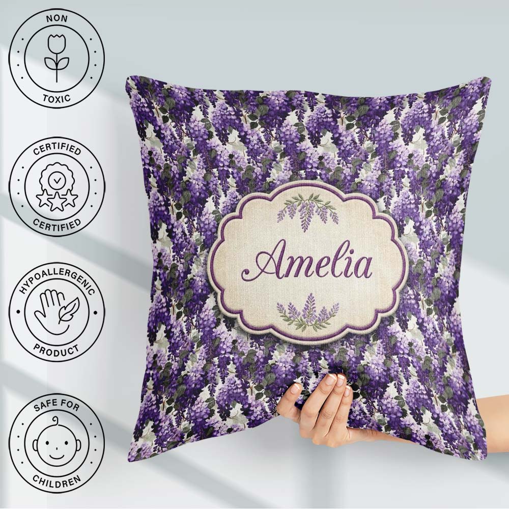 Custom Name Elegant Purple Wisteria Clusters with Leaves Pattern Square Filled Cushion Throw Pillow Sofa Bed Home Decor Zip Washable UK Made