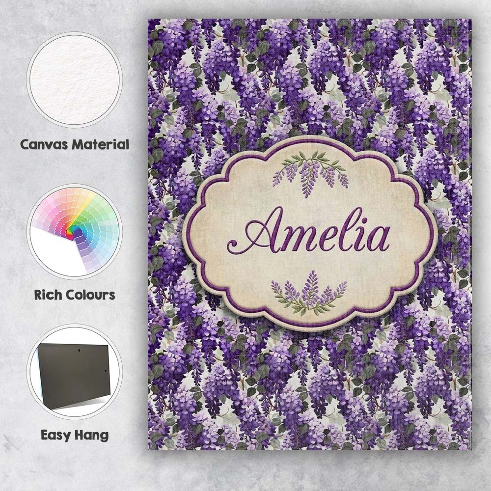 Personalised Name Elegant Purple Wisteria Custom Bespoke Decorative Contemporary Canvas Wall Art Print Decor Picture Ready to Hang