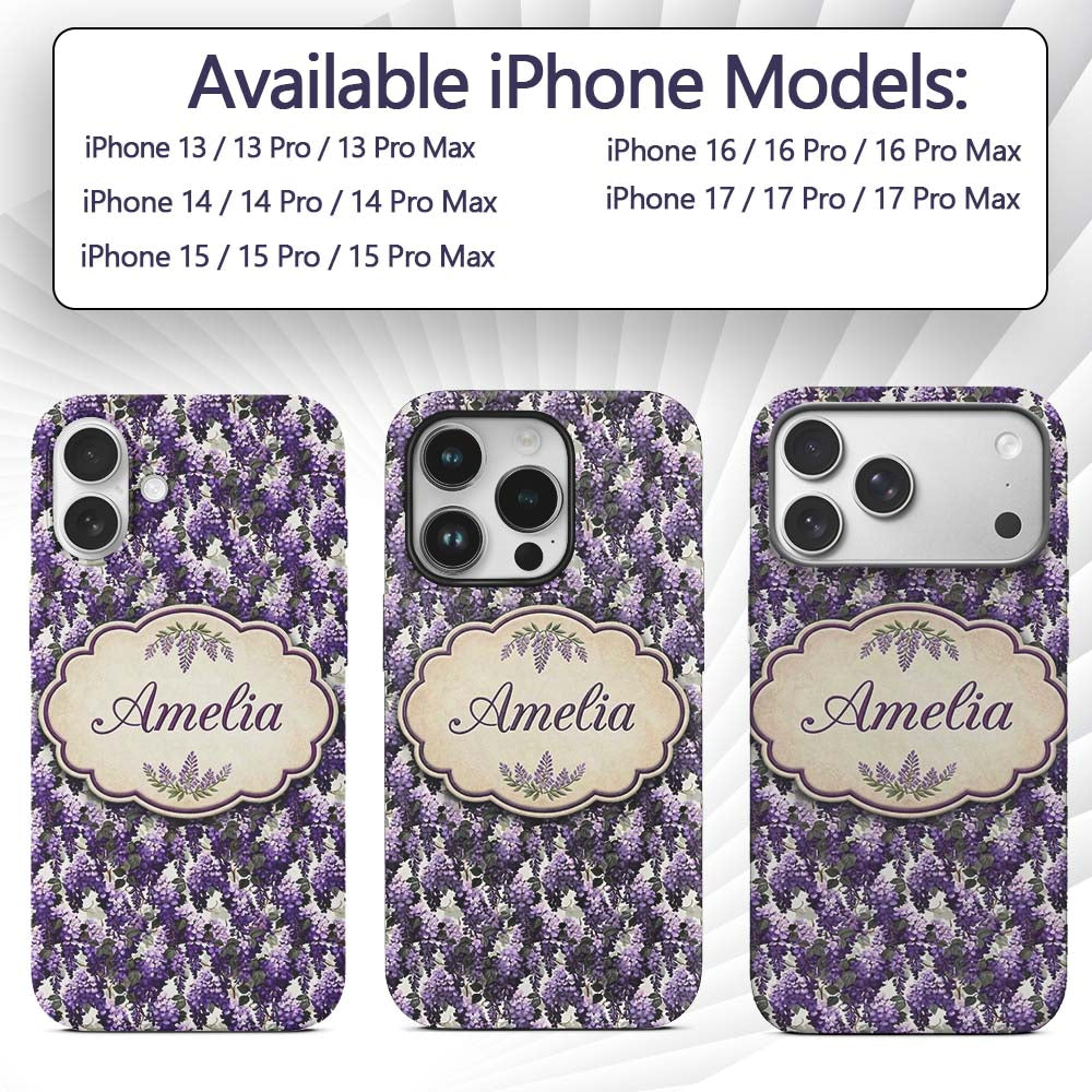 Elegant Purple Wisteria Clusters with Soft Leaves Custom Name Protective Phone Case Mobile Cover Durable Everyday Smartphone Shock Resistant