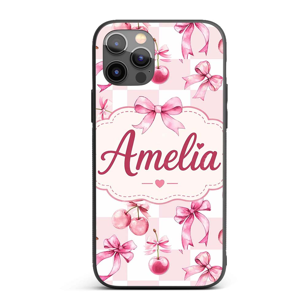 Watercolor Cherry Bow Ribbon Pink Gingham Picnic Custom Name Protective Phone Case Mobile Cover Durable Everyday Smartphone Shock Resistant