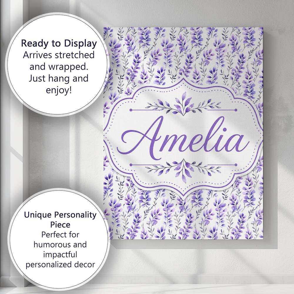 Personalised Name Minimal Lavender Botanical Custom Bespoke Contemporary Display Canvas Wall Art Print Decor Picture Ready to Hang