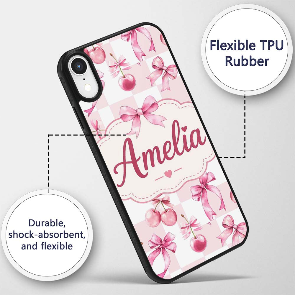 Watercolor Cherry Bow Ribbon Pink Gingham Picnic Custom Name Protective Phone Case Mobile Cover Durable Everyday Smartphone Shock Resistant