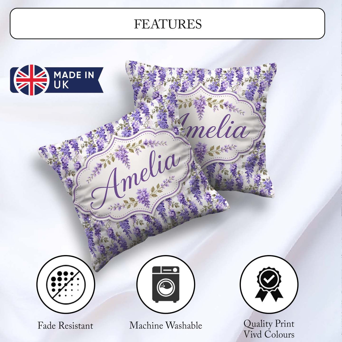 Custom Name Soft Lilac Wisteria Floral Branches Seamless Pattern Square Filled Cushion Throw Pillow Sofa Bed Home Decor Zip Washable UK Made