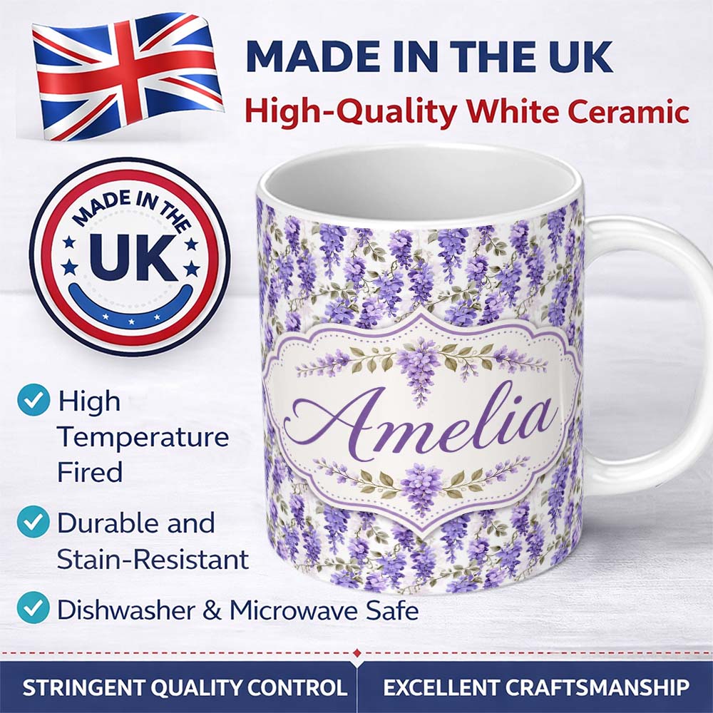 Personalized Custom Name Soft Lilac Wisteria Floral Cascading Branches Seamless Pattern Name 11oz Ceramic Coffee Tea Mug White Large Handle