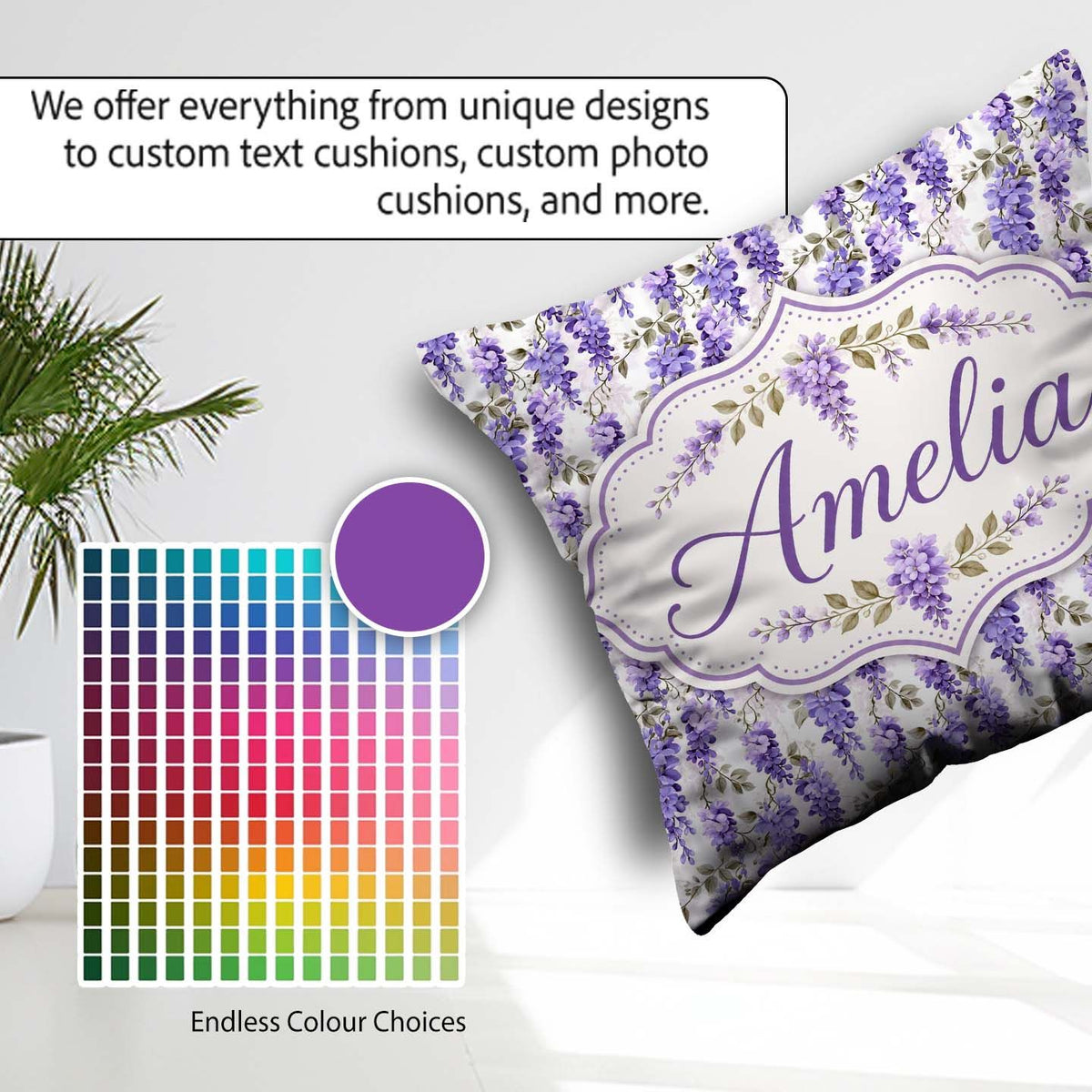 Custom Name Soft Lilac Wisteria Floral Branches Seamless Pattern Square Filled Cushion Throw Pillow Sofa Bed Home Decor Zip Washable UK Made
