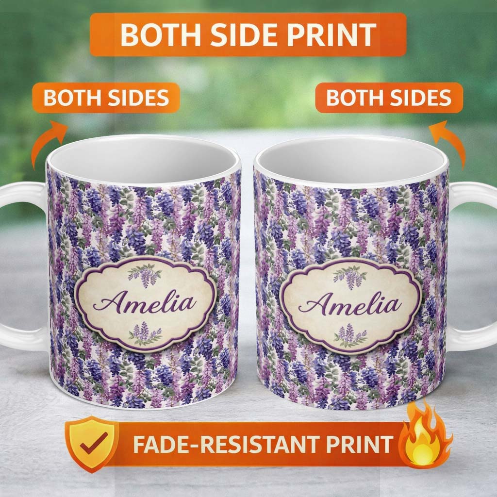 Personalized Custom Name Pastel Purple Wisteria Blooms with Delicate Leaves Seamless Pattern 11oz Ceramic Coffee Tea Mug White Large Handle