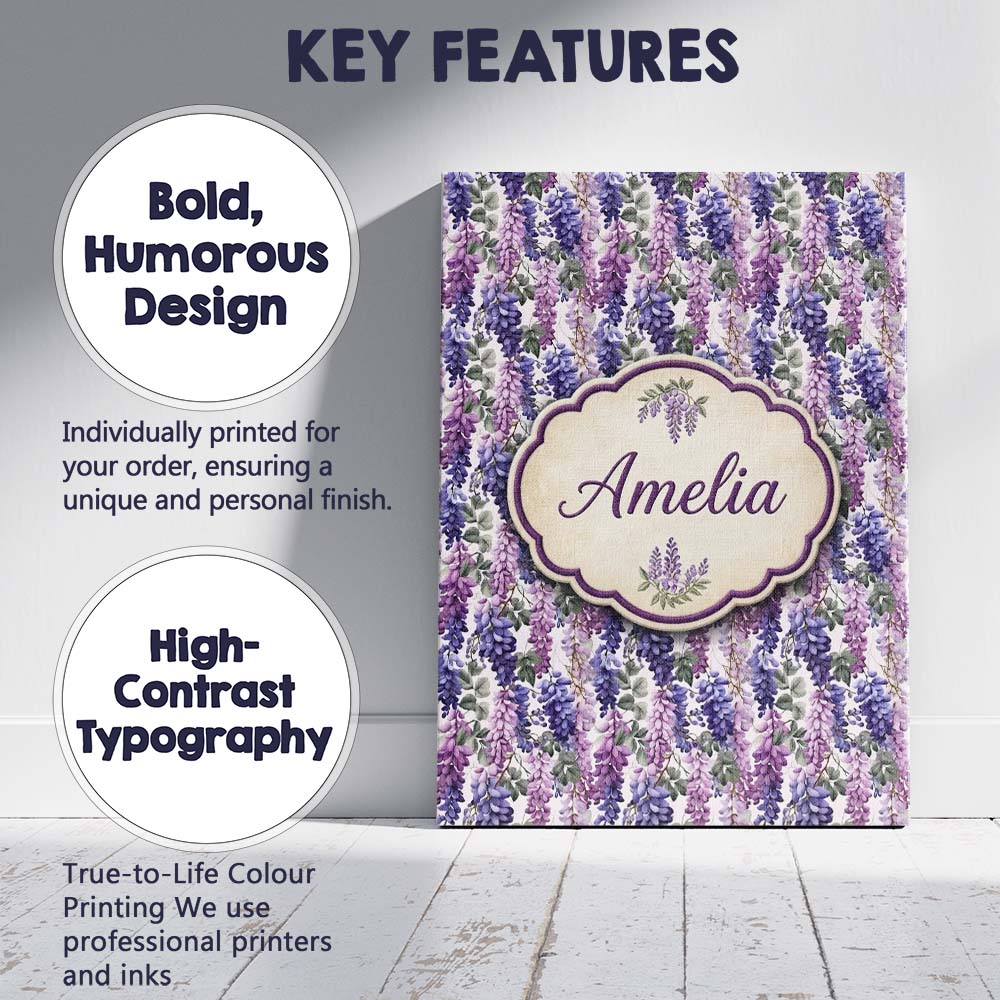 Personalised Name Pastel Purple Wisteria Custom Unique Gift Idea Elegant Feature Canvas Wall Art Print Decor Picture Ready to Hang