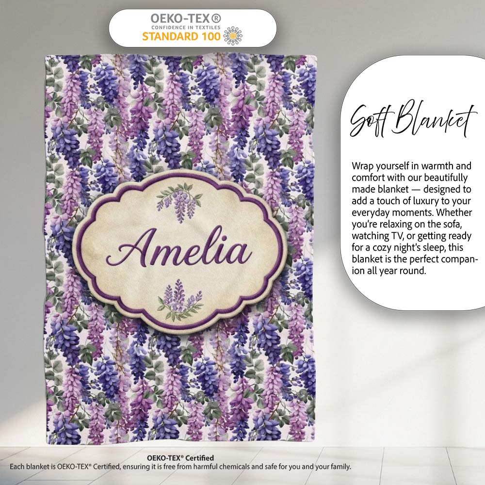 Pastel Purple Wisteria Blooms with Delicate Leaves Seamless Pattern Personalised Custom Name Super Soft Fleece Blanket Bed Sofa Throw