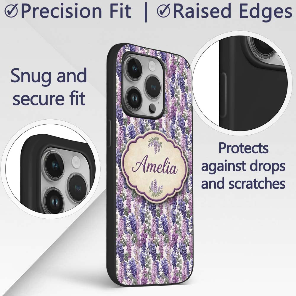 Pastel Purple Wisteria Blooms with Printed Design Custom Name Protective Phone Case Mobile Cover Durable Everyday Smartphone Shock Resistant