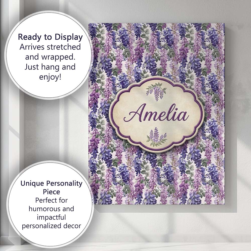 Personalised Name Pastel Purple Wisteria Custom Unique Gift Idea Elegant Feature Canvas Wall Art Print Decor Picture Ready to Hang