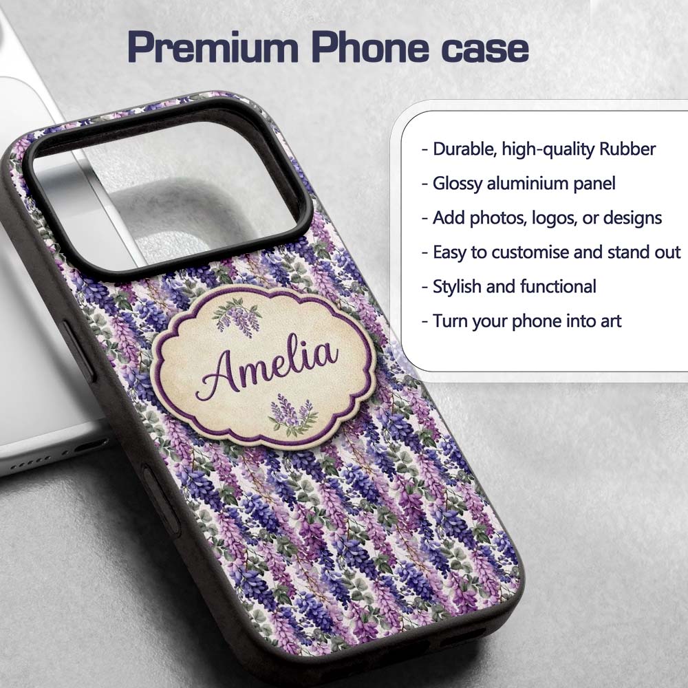 Pastel Purple Wisteria Blooms with Printed Design Custom Name Protective Phone Case Mobile Cover Durable Everyday Smartphone Shock Resistant