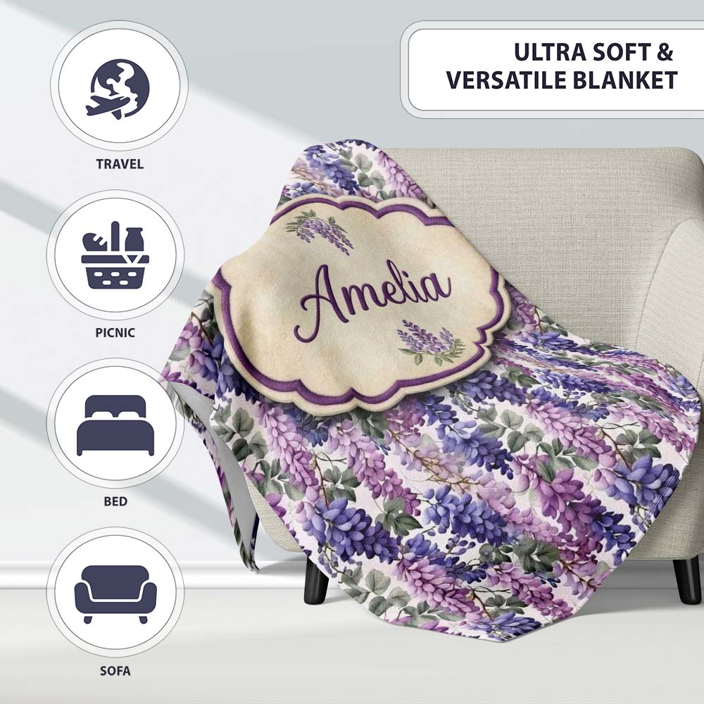 Pastel Purple Wisteria Blooms with Delicate Leaves Seamless Pattern Personalised Custom Name Super Soft Fleece Blanket Bed Sofa Throw