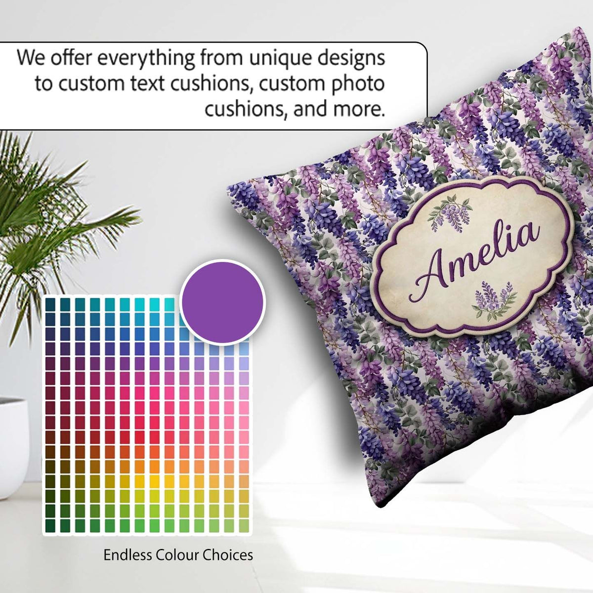 Custom Name Pastel Purple Wisteria Blooms with Delicate Seamless Square Filled Cushion Throw Pillow Sofa Bed Home Decor Zip Washable UK Made