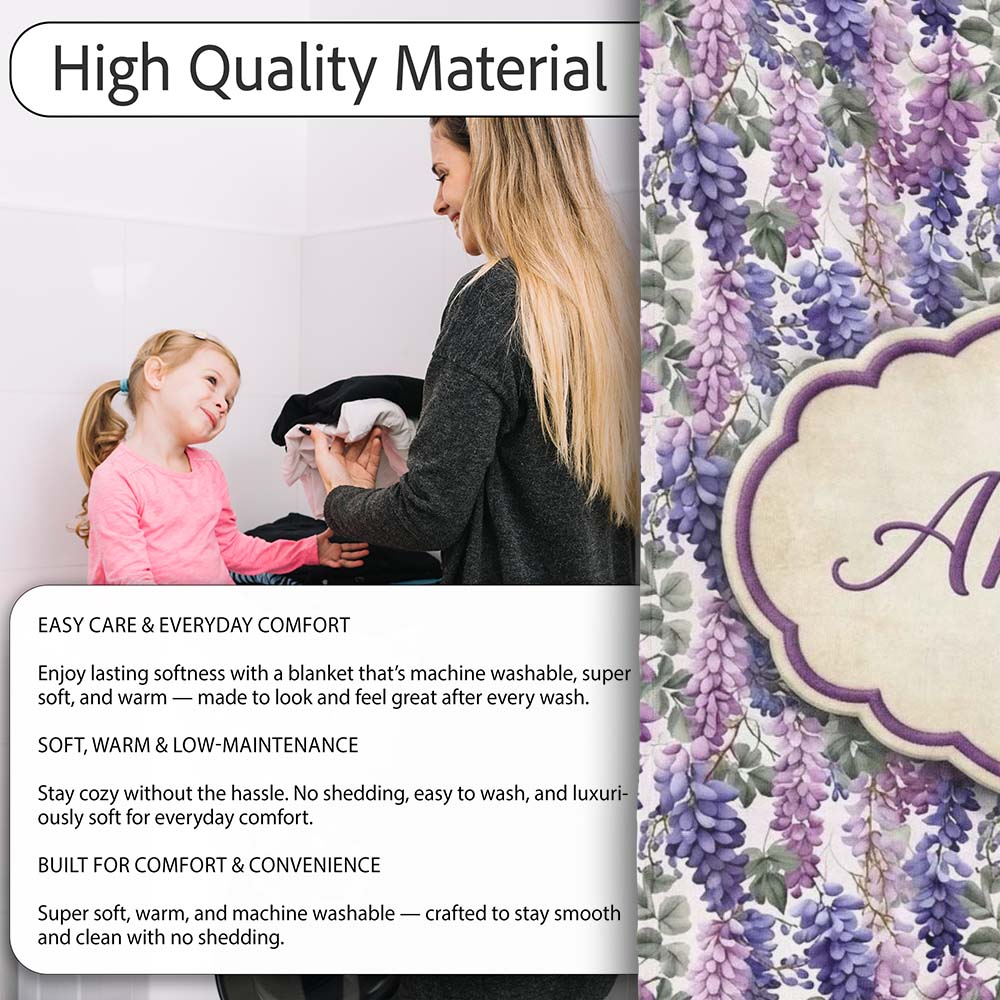 Pastel Purple Wisteria Blooms with Delicate Leaves Seamless Pattern Personalised Custom Name Super Soft Fleece Blanket Bed Sofa Throw