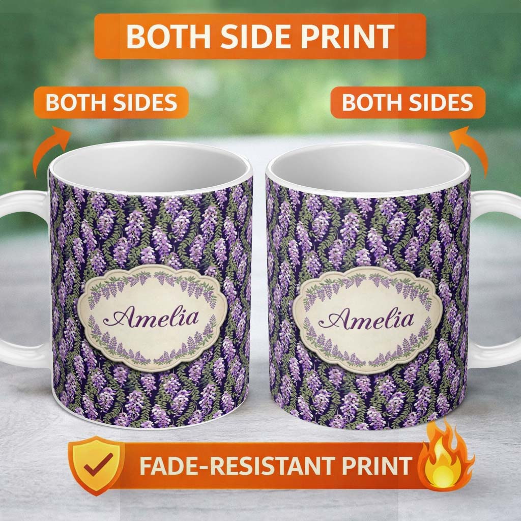 Personalized Custom Name Purple Wisteria Vine Clusters with Natural Green Leaves Seamless 11oz Ceramic Coffee Tea Mug White Large Handle
