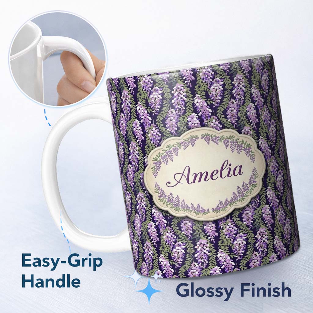 Personalized Custom Name Purple Wisteria Vine Clusters with Natural Green Leaves Seamless 11oz Ceramic Coffee Tea Mug White Large Handle