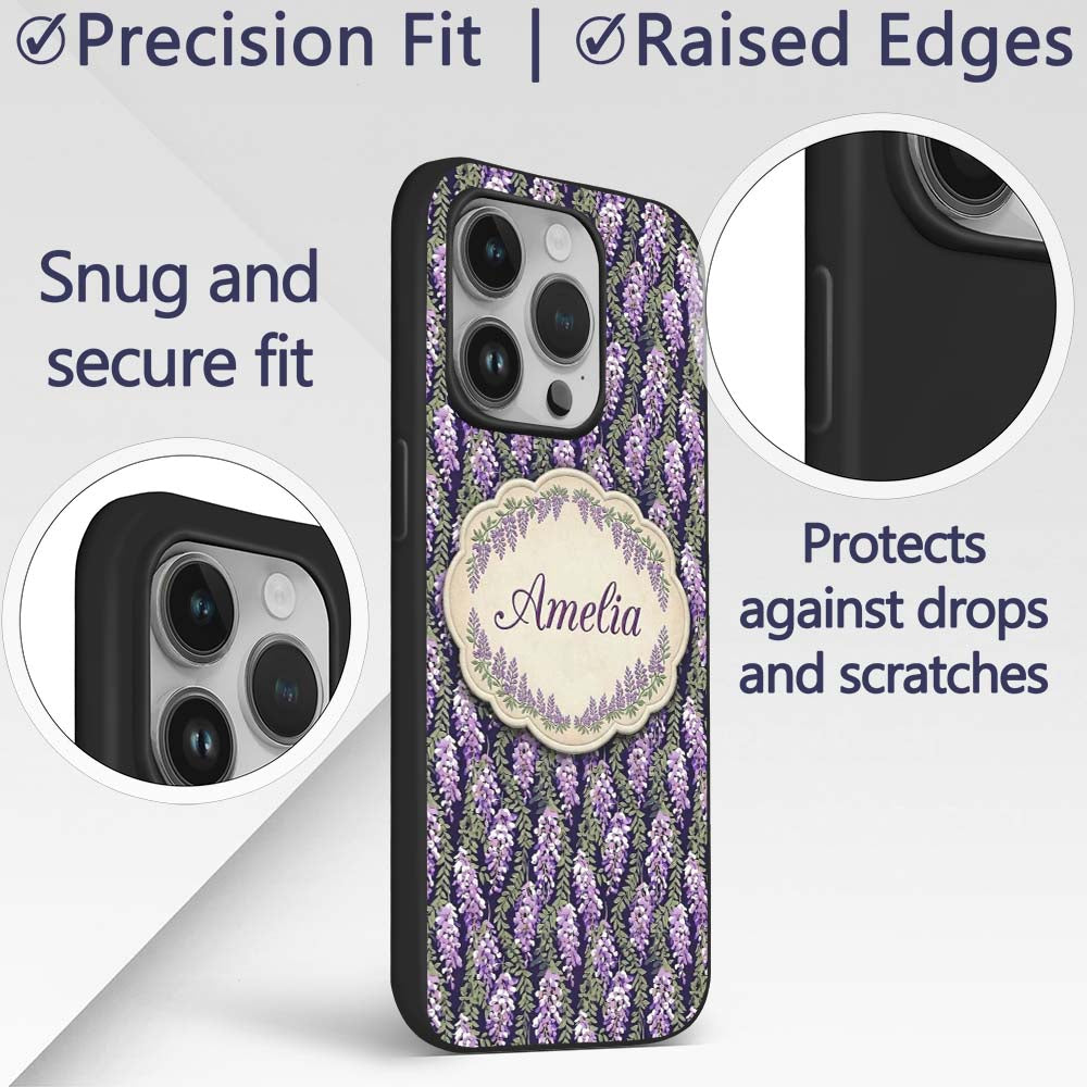 Purple Wisteria Vine Clusters with Natural Green Custom Name Protective Phone Case Mobile Cover Durable Everyday Smartphone Shock Resistant