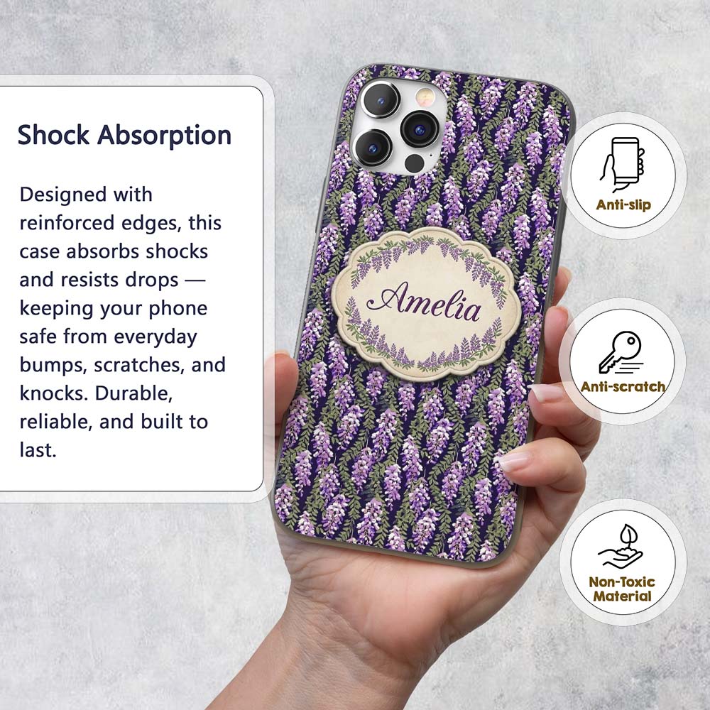 Purple Wisteria Vine Clusters with Natural Green Custom Name Protective Phone Case Mobile Cover Durable Everyday Smartphone Shock Resistant
