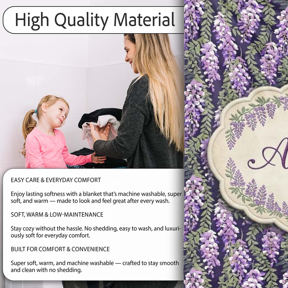 Purple Wisteria Vine Clusters with Natural Green Leaves Seamless Personalised Custom Name Super Soft Fleece Blanket Bed Sofa Throw