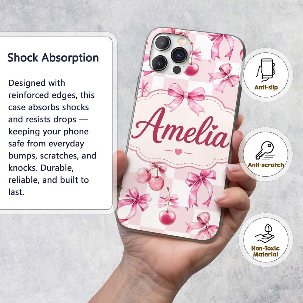 Watercolor Cherry Bow Ribbon Pink Gingham Picnic Custom Name Protective Phone Case Mobile Cover Durable Everyday Smartphone Shock Resistant