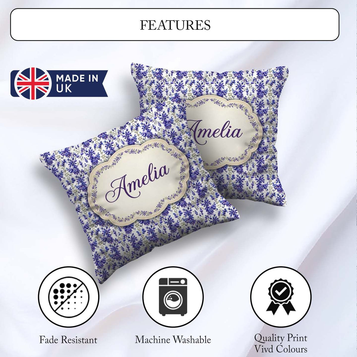 Custom Name Light Blue Floral Botanical Clusters Soft Background Square Filled Cushion Throw Pillow Sofa Bed Home Decor Zip Washable UK Made