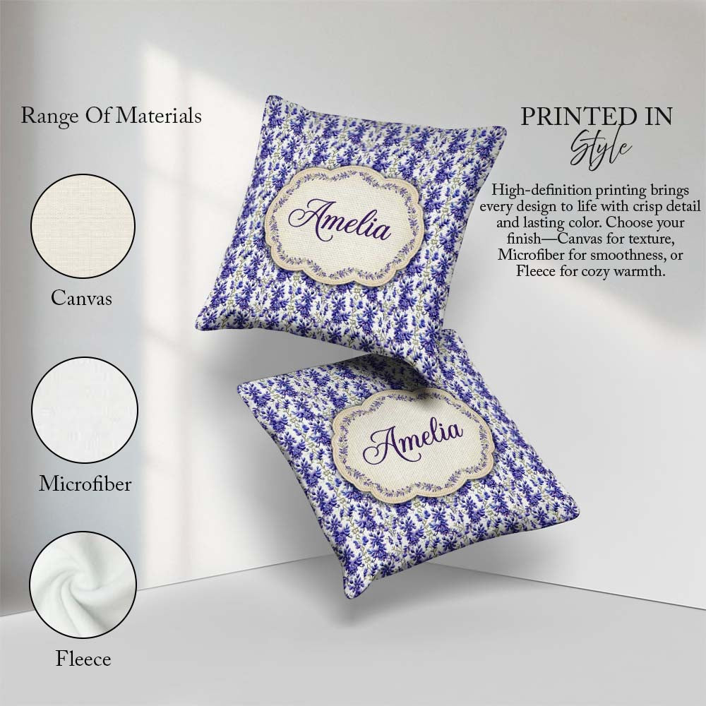 Custom Name Light Blue Floral Botanical Clusters Soft Background Square Filled Cushion Throw Pillow Sofa Bed Home Decor Zip Washable UK Made