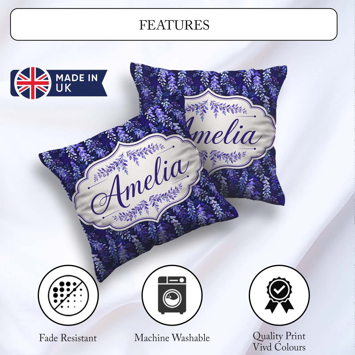 Custom Name Deep Blue Wisteria Inspired Hanging Florals Seamless Square Filled Cushion Throw Pillow Sofa Bed Home Decor Zip Washable UK Made