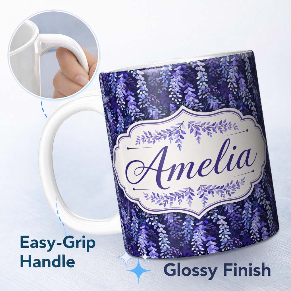 Personalized Custom Name Deep Blue Wisteria Inspired Hanging Florals Seamless Pattern Name 11oz Ceramic Coffee Tea Mug White Large Handle