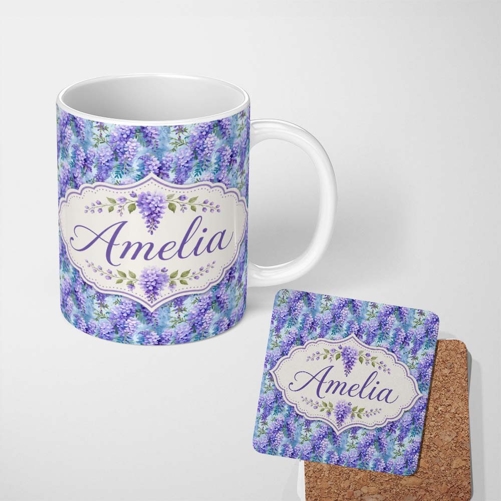 Personalized Custom Name Soft Blue Background Purple Wisteria Floral Cascading Blossoms 11oz Ceramic Coffee Tea Mug White Large Handle