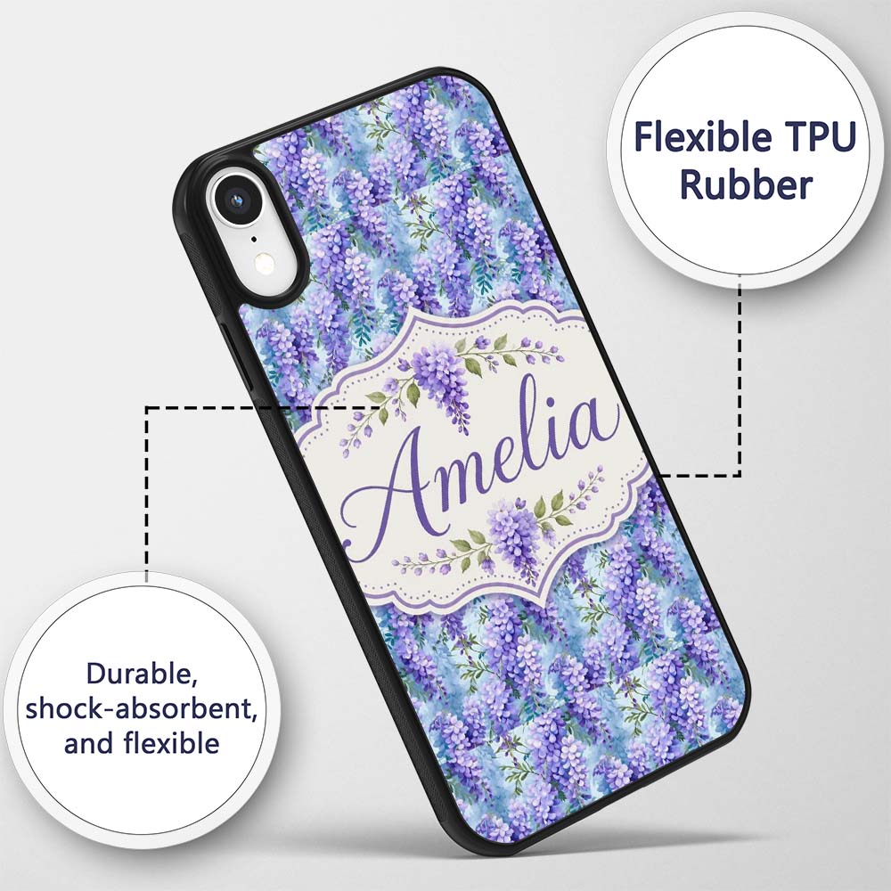 Soft Blue Background Purple Decorative Design Custom Name Protective Phone Case Mobile Cover Durable Everyday Smartphone Shock Resistant