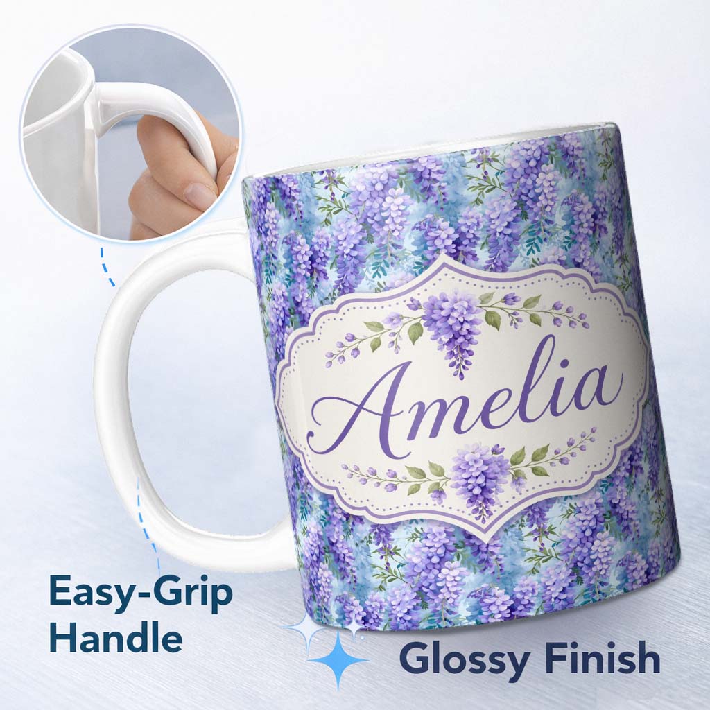 Personalized Custom Name Soft Blue Background Purple Wisteria Floral Cascading Blossoms 11oz Ceramic Coffee Tea Mug White Large Handle
