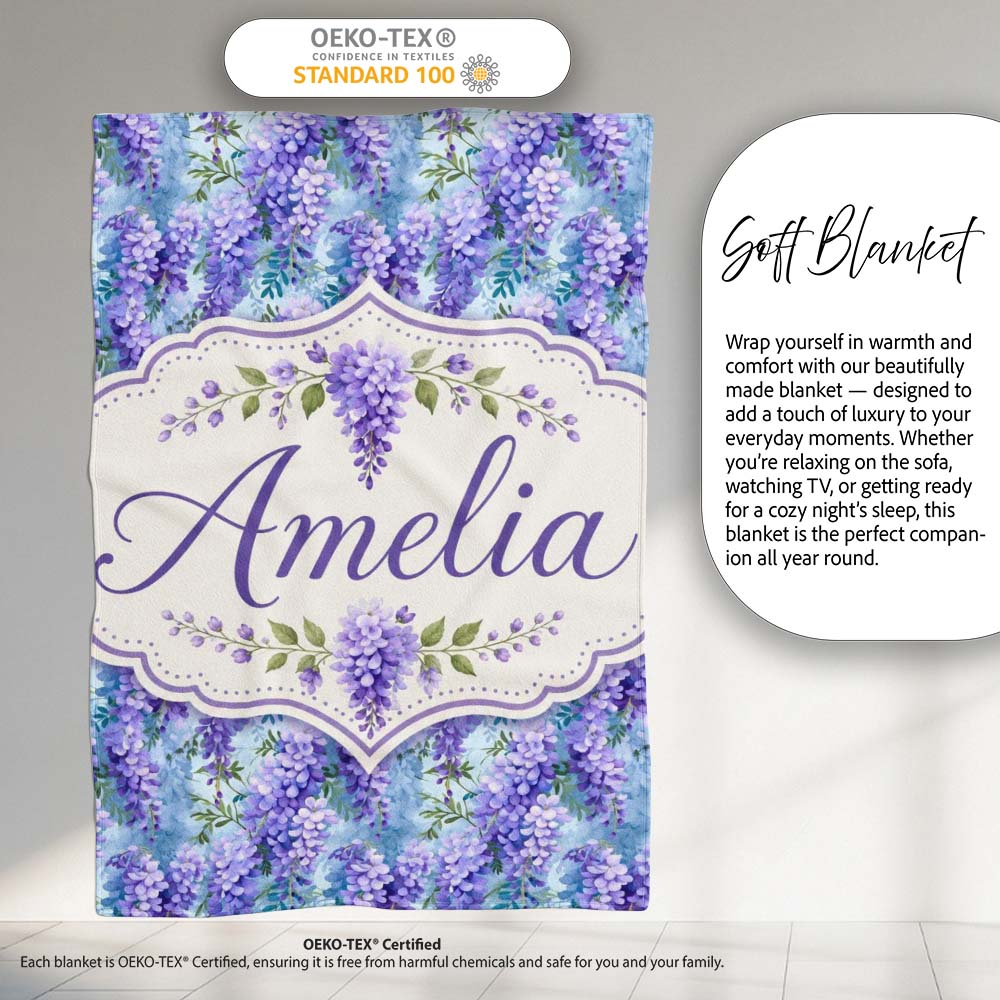 Soft Blue Background Purple Wisteria Floral Cascading Blossoms Personalised Custom Name Super Soft Fleece Blanket Bed Sofa Throw