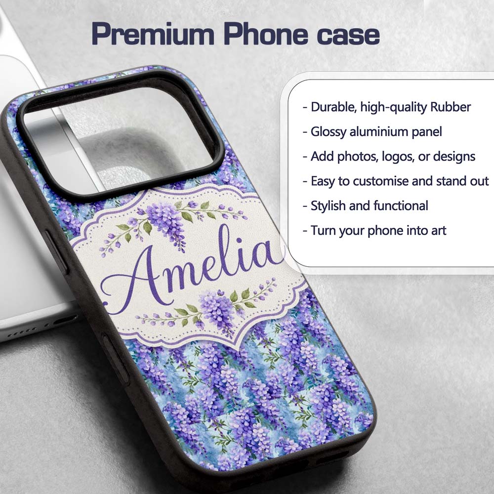 Soft Blue Background Purple Decorative Design Custom Name Protective Phone Case Mobile Cover Durable Everyday Smartphone Shock Resistant