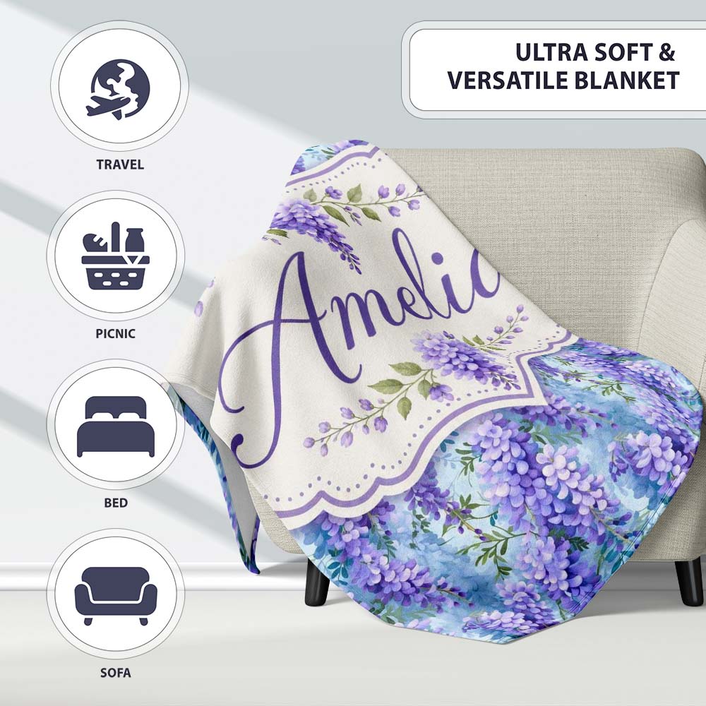 Soft Blue Background Purple Wisteria Floral Cascading Blossoms Personalised Custom Name Super Soft Fleece Blanket Bed Sofa Throw