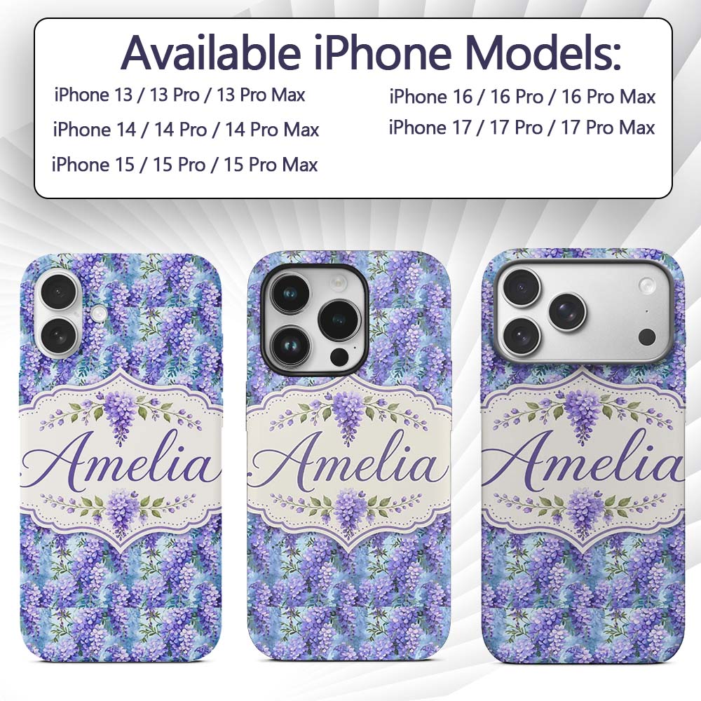 Soft Blue Background Purple Decorative Design Custom Name Protective Phone Case Mobile Cover Durable Everyday Smartphone Shock Resistant