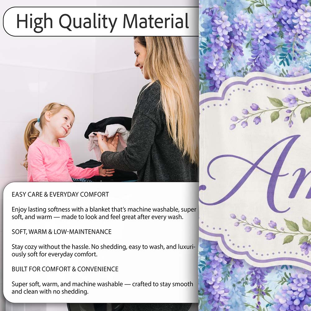 Soft Blue Background Purple Wisteria Floral Cascading Blossoms Personalised Custom Name Super Soft Fleece Blanket Bed Sofa Throw
