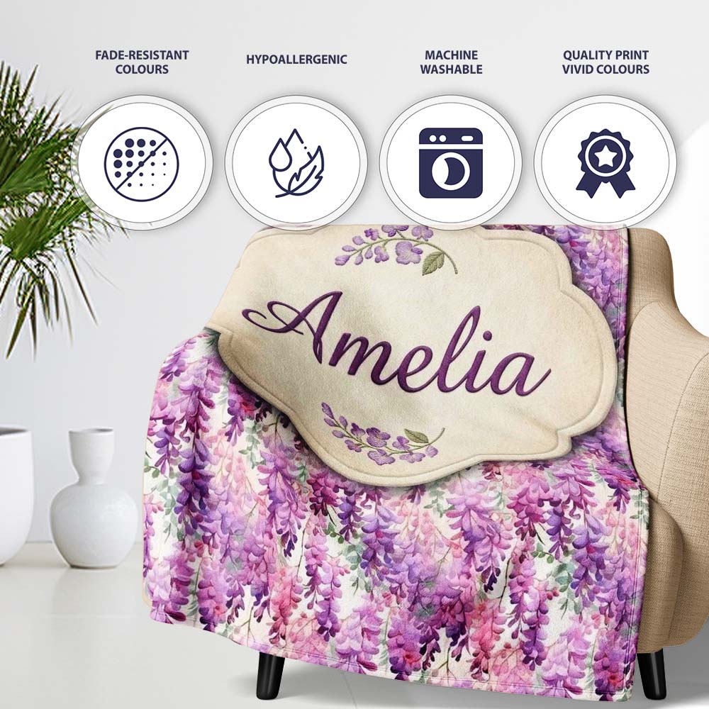 Pink and Lilac Wisteria Hanging Flowers Elegant Seamless Pattern Personalised Custom Name Super Soft Fleece Blanket Bed Sofa Throw