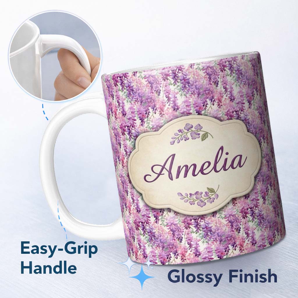 Personalized Custom Name Pink and Lilac Wisteria Hanging Flowers Elegant Seamless Pattern 11oz Ceramic Coffee Tea Mug White Large Handle