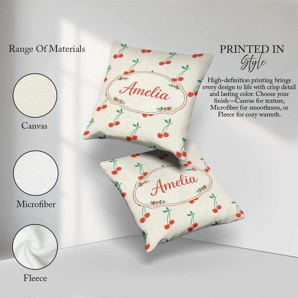 Custom Name Cute Cherry Fruit Minimal Seamless Pattern Everyday Square Filled Cushion Throw Pillow Sofa Bed Home Decor Zip Washable UK Made