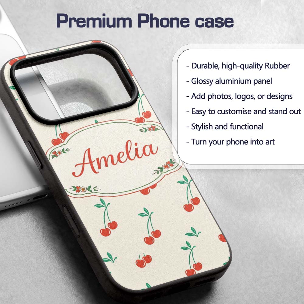 Cute Cherry Fruit Minimal Seamless Printed Design Custom Name Protective Phone Case Mobile Cover Durable Everyday Smartphone Shock Resistant