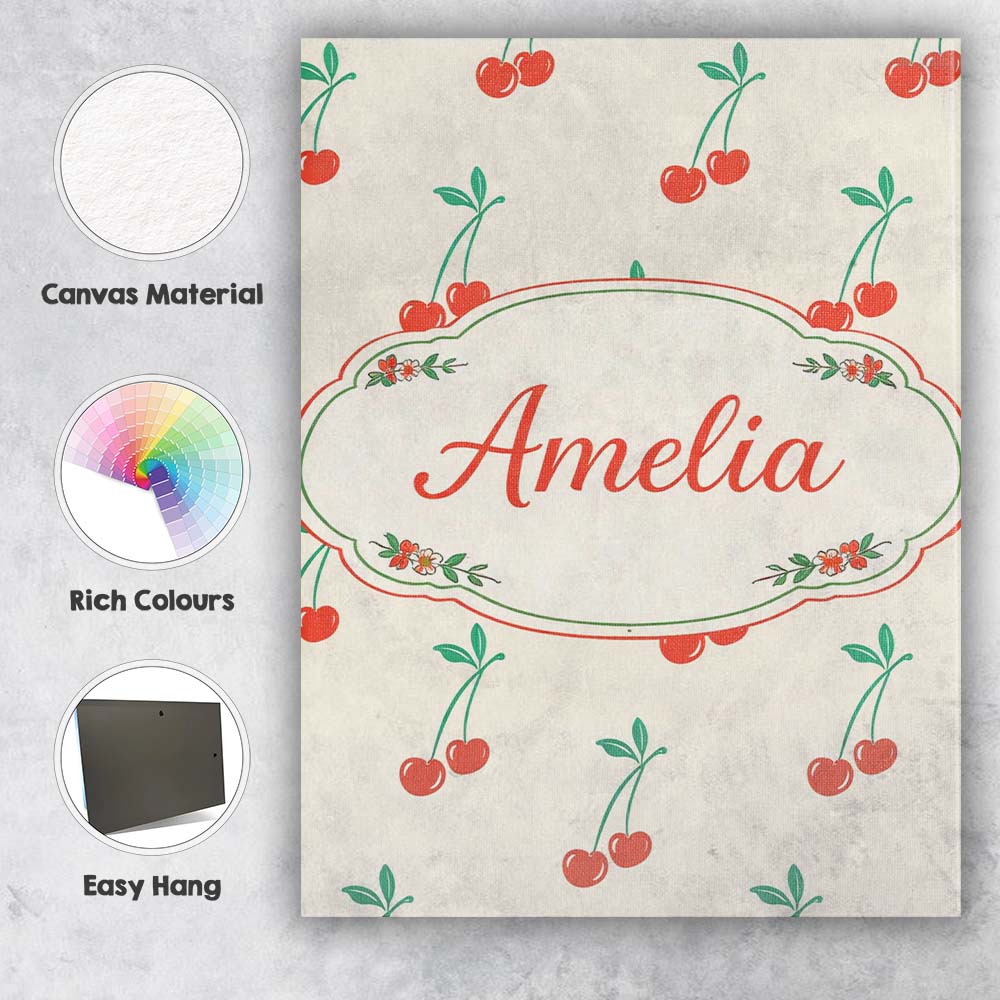 Personalised Name Cute Cherry Fruit Minimal Seamless Pattern Stylish Custom Home Canvas Wall Art Print Decor Picture Ready to Hang