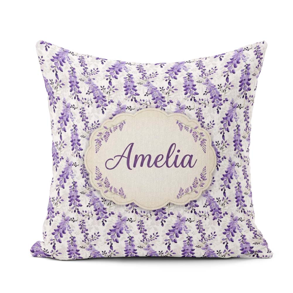 Custom Name Light Grey Purple Wisteria Branches Minimal Seamless Square Filled Cushion Throw Pillow Sofa Bed Home Decor Zip Washable UK Made