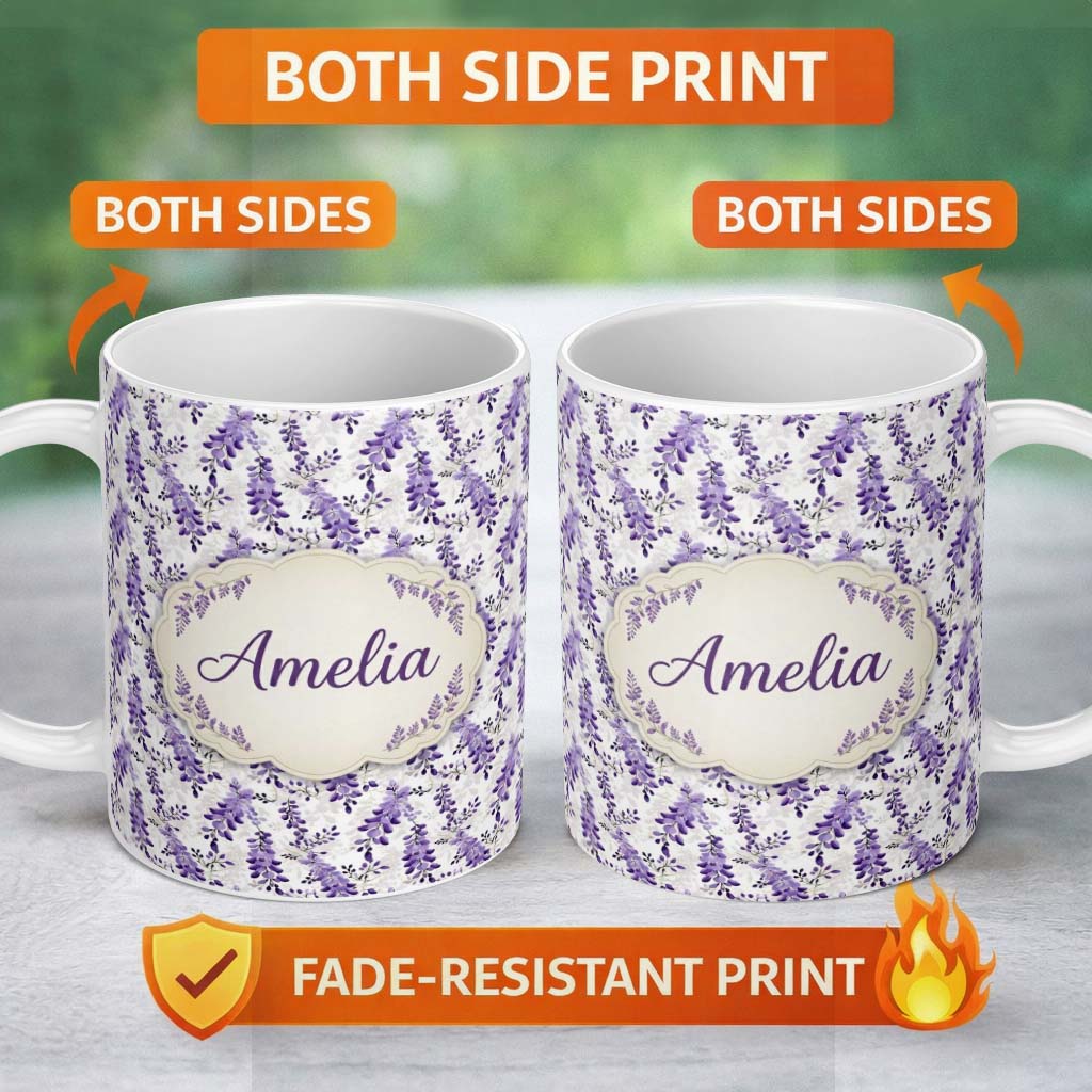 Personalized Custom Name Light Grey Background Purple Wisteria Branches Minimal Seamless 11oz Ceramic Coffee Tea Mug White Large Handle