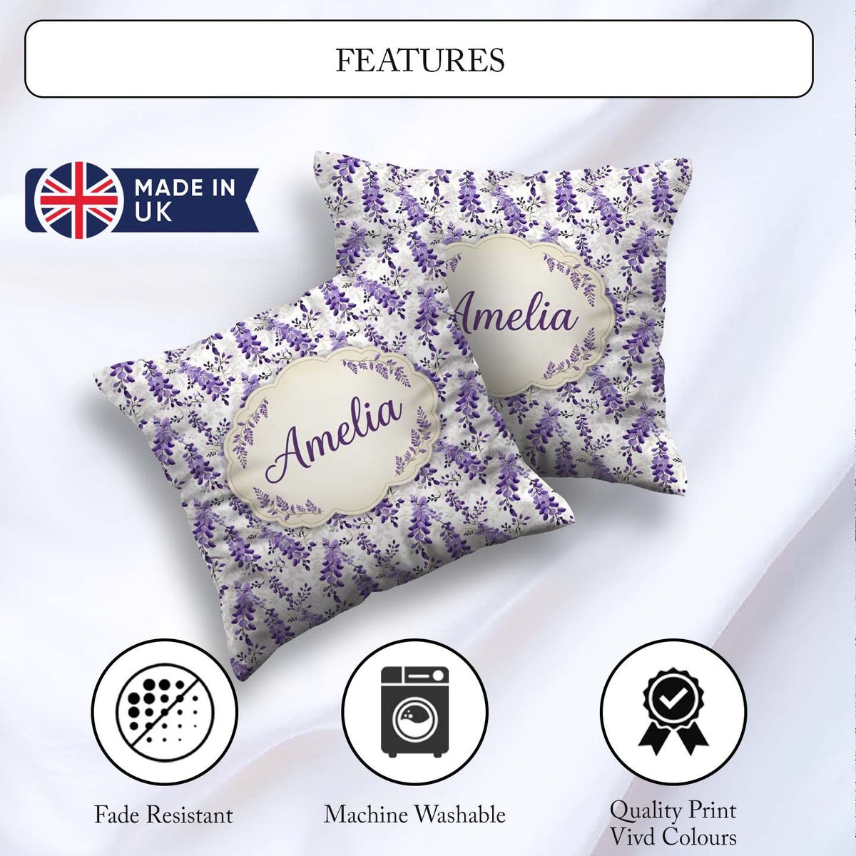 Custom Name Light Grey Purple Wisteria Branches Minimal Seamless Square Filled Cushion Throw Pillow Sofa Bed Home Decor Zip Washable UK Made