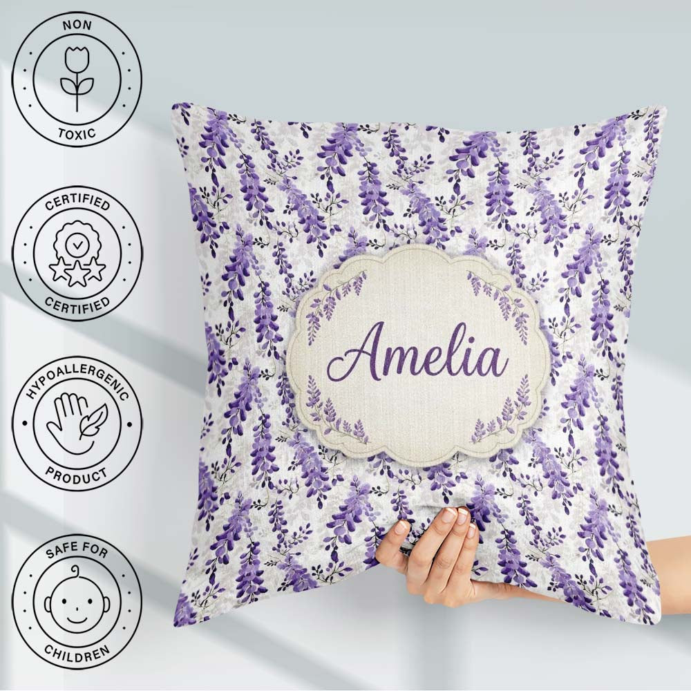 Custom Name Light Grey Purple Wisteria Branches Minimal Seamless Square Filled Cushion Throw Pillow Sofa Bed Home Decor Zip Washable UK Made