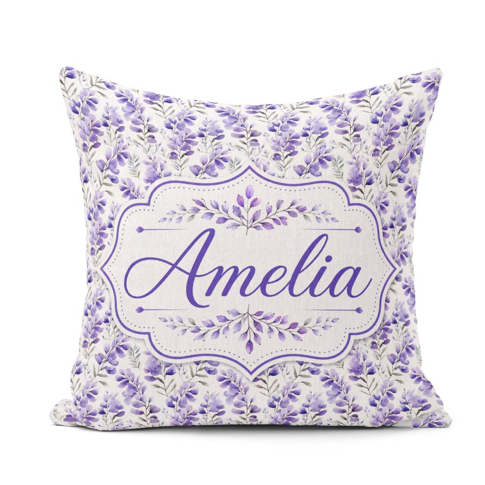 Custom Name Delicate Purple Floral Stems Soft Botanical Seamless Square Filled Cushion Throw Pillow Sofa Bed Home Decor Zip Washable UK Made